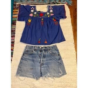 BLUE EMBROIDERED PEASANT BOHO CROP TOP
